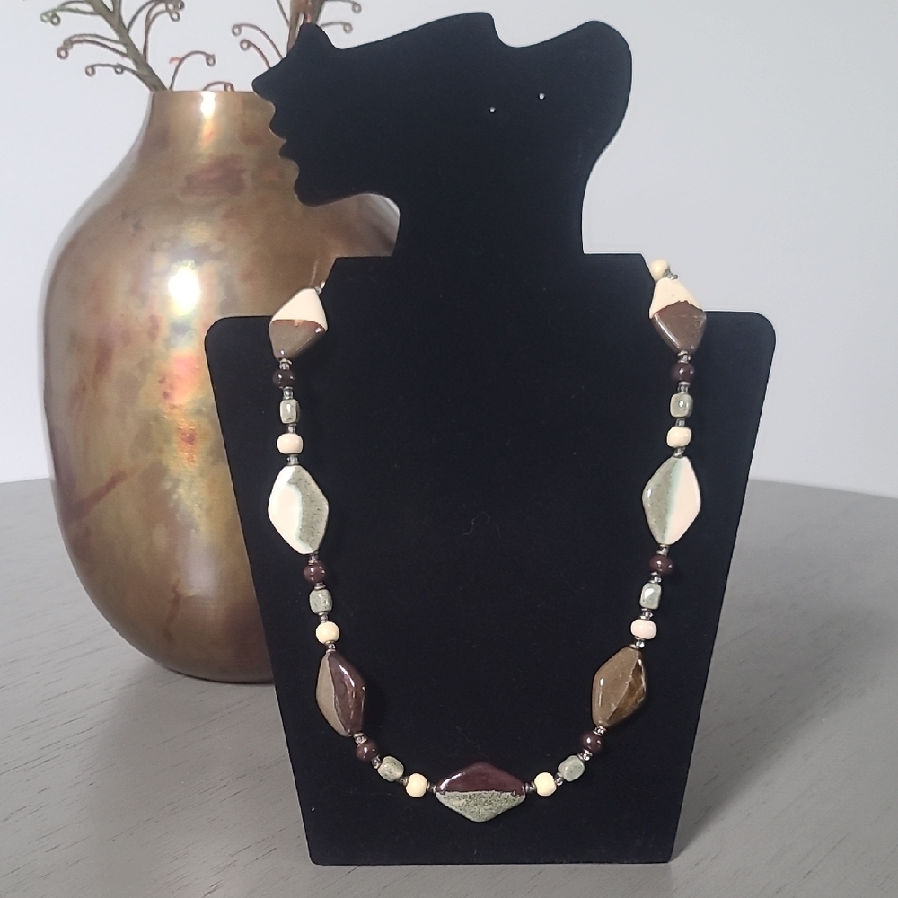 Neutral Brown and Cream Ceramic Beaded Women's Necklace